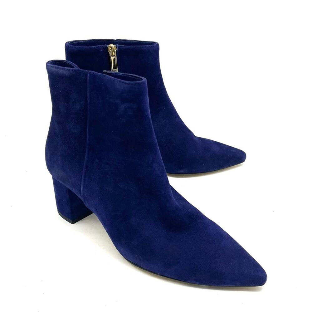 L’agence Jeanne Block Heel Bootie in Suede Midnight Navy Blue